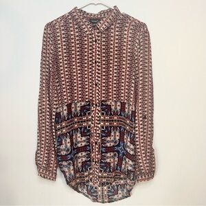 Tolani Women's Size S Silk Geometric Tunic Top Rollable Tabs High Low Boho Retro